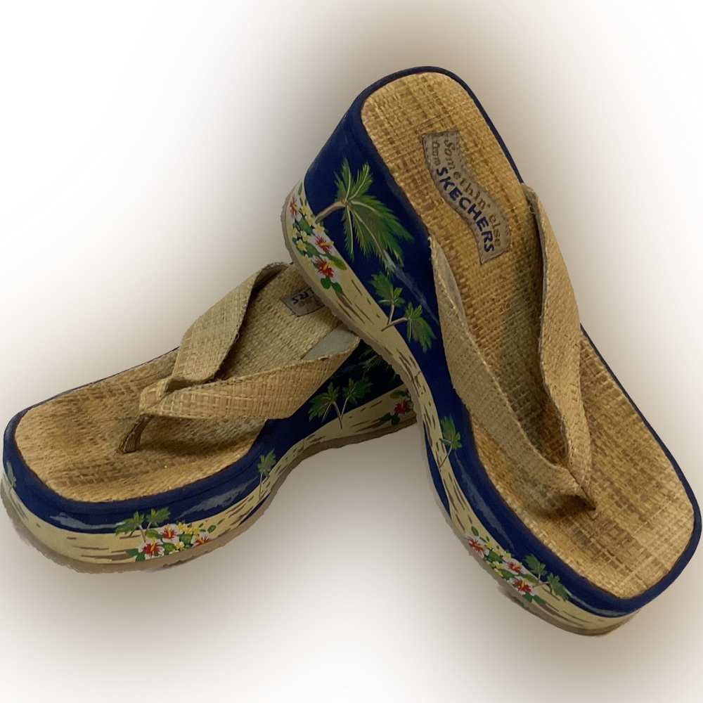 Skechers Beach Print Platform Flip-Flop Sandals Palm Tree Hibiscus Vintage y2k